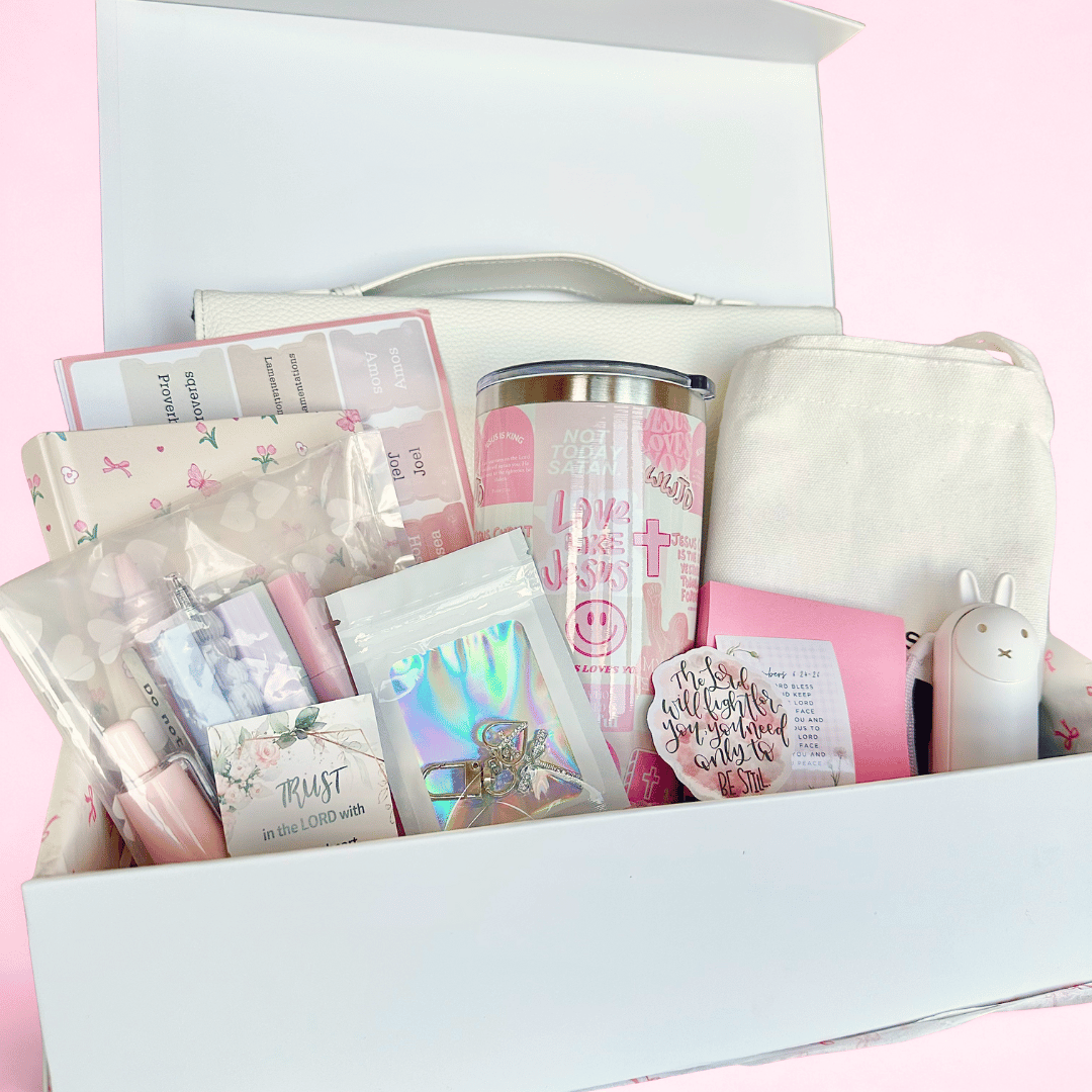 A Large Christian Gift Box filled with bible study supplies for woman