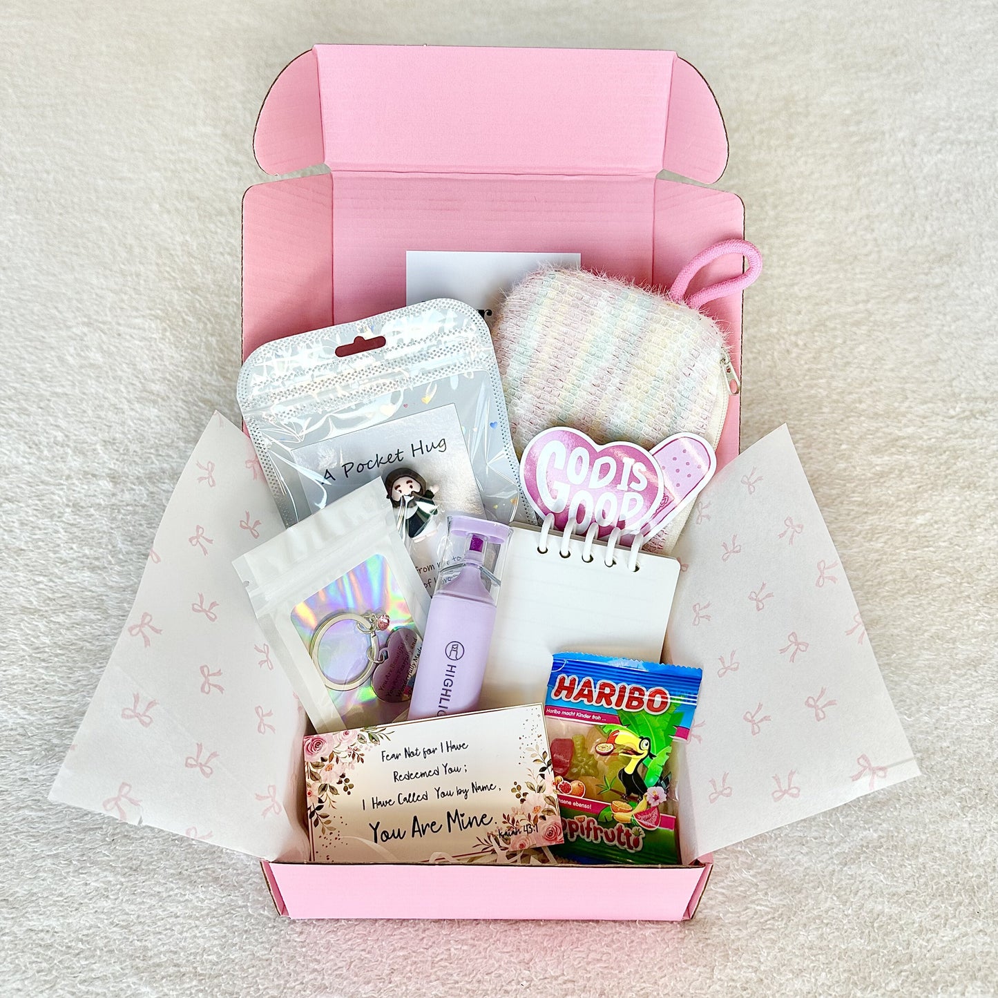 a pink faith based christian gift box full of surprises