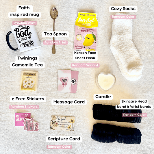 A set of beauty items from a christian gift box that includes socks, a candle, a face sheet mask, a faith inspired mug, a tea pocket, free stickers and more