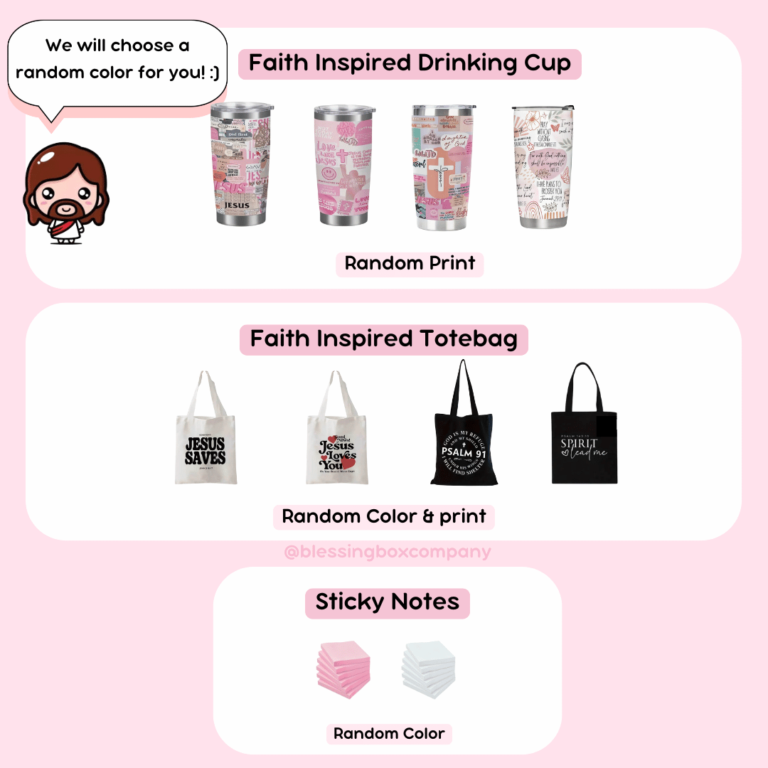 faith inspired drinking cups, faith inspired tote bags and sticky notes