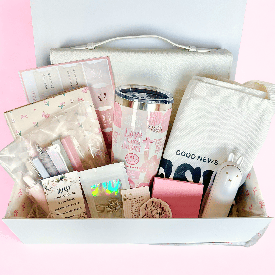 A Big White Gift Box Filled with Faith Based Christian Goodies for woman