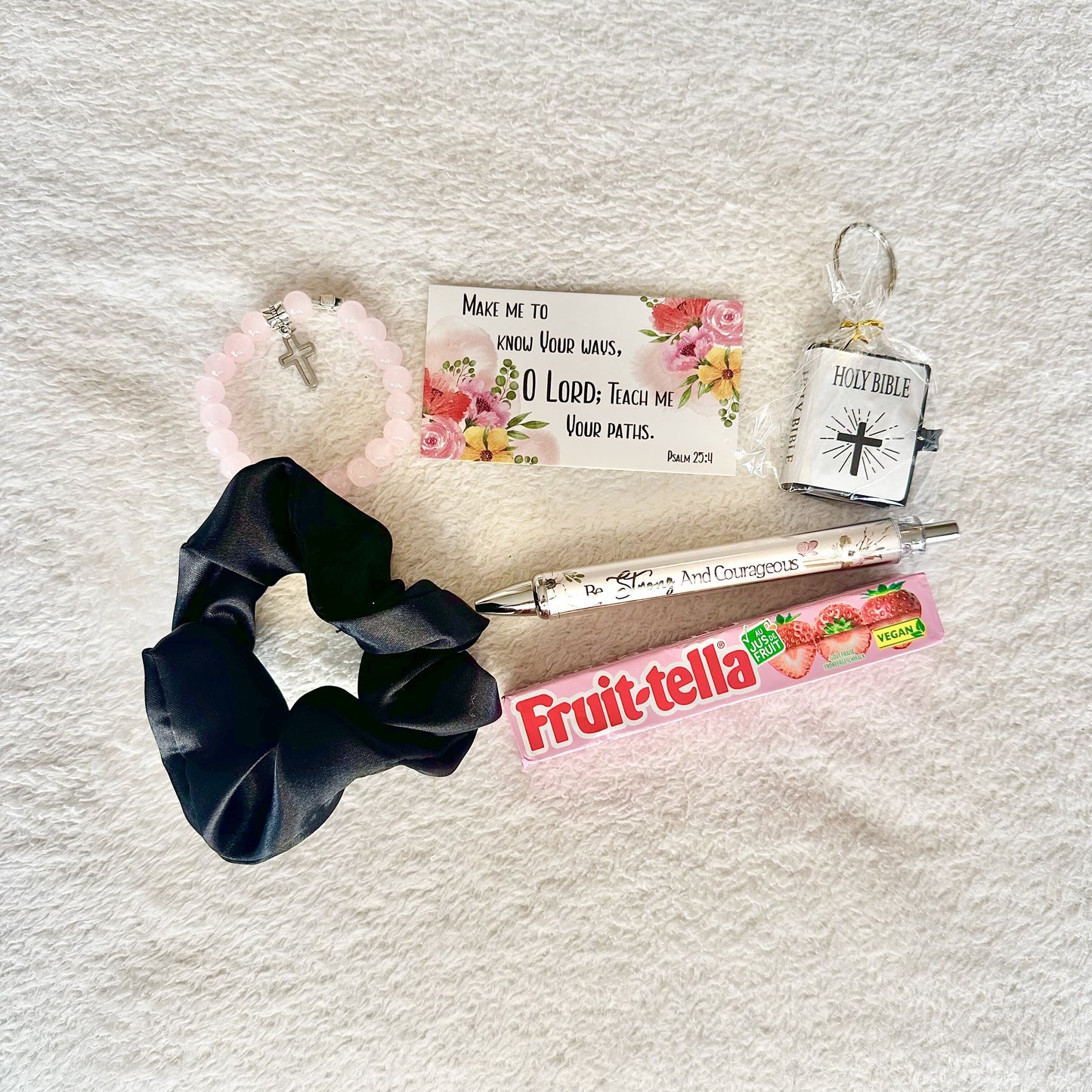 christian faith based goodies with a bible keychain, candy and etc
