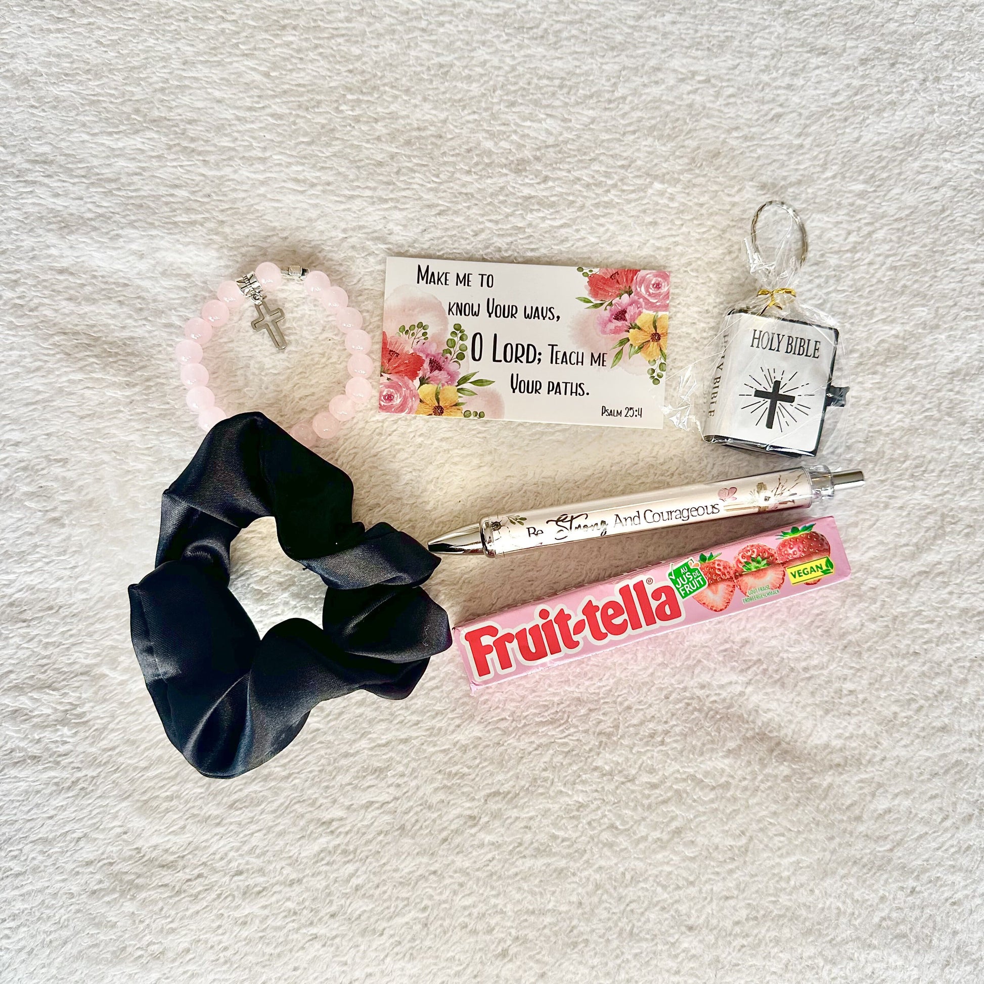 christian faith based goodies with a bible keychain, candy and etc